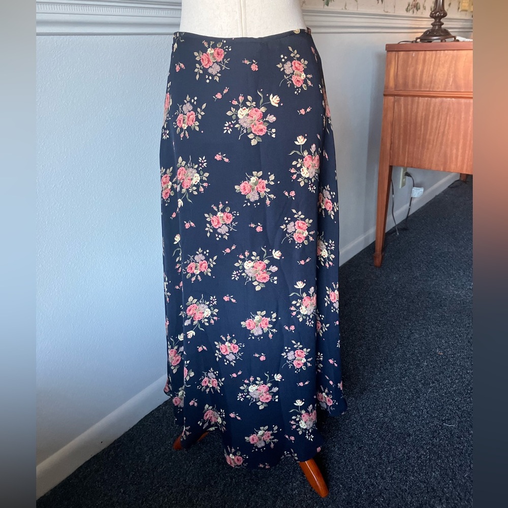 Vintage 90s Ralph Lauren Navy Silk Ditsy Pink Rose Slip Skirt